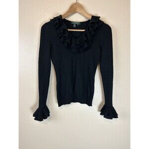 Lauren Ralph Lauren XS Sweater Pullover Ruffle Neck Cashmere Silk Black Bell